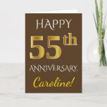 [ Thumbnail: Brown, Faux Gold 55th Wedding Anniversary + Name Card ]