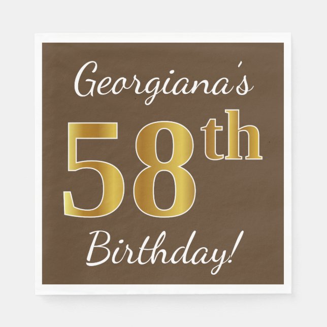 Brown, Faux Gold 58th Birthday + Custom Name Napkins (Front)