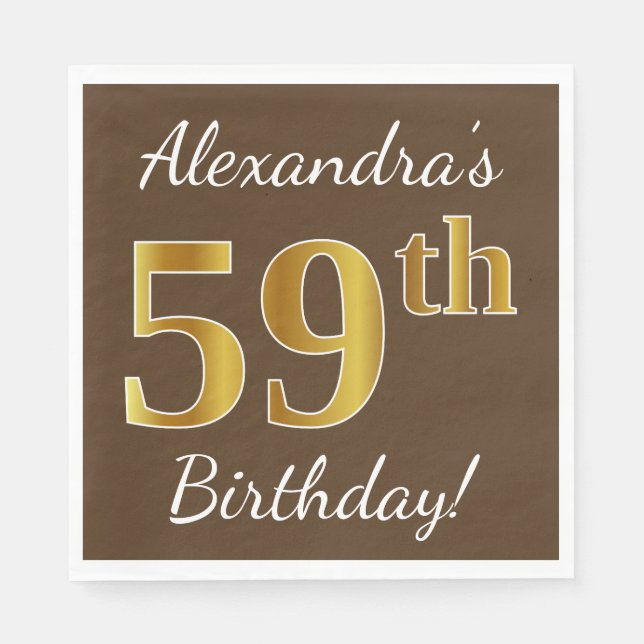 Brown, Faux Gold 59th Birthday + Custom Name Napkins (Front)