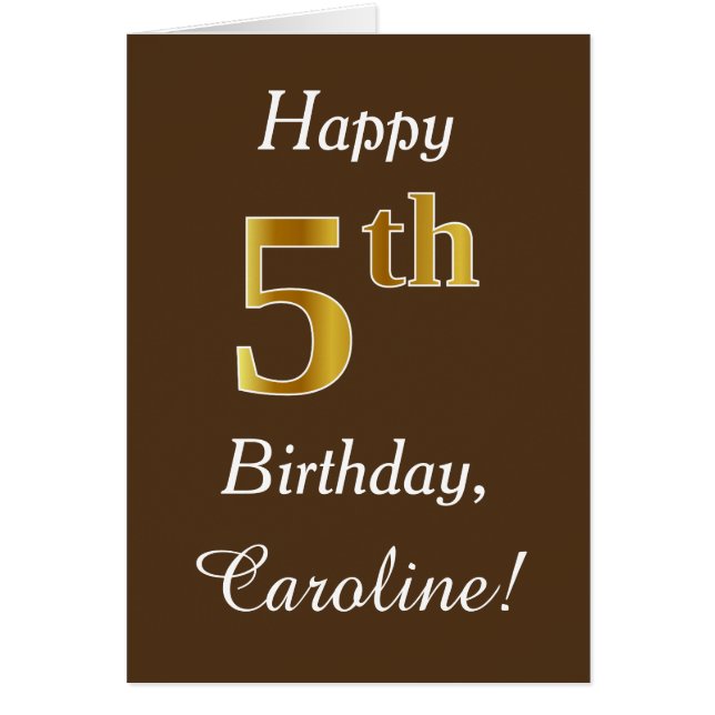 Brown, Faux Gold 5th Birthday + Custom Name Cards (Front)