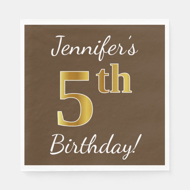 Brown, Faux Gold 5th Birthday + Custom Name Paper Napkins (Front)
