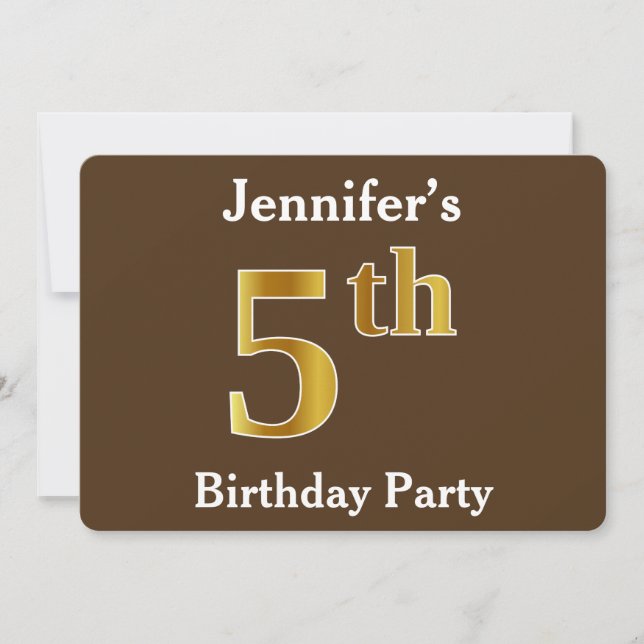 Brown, Faux Gold 5th Birthday Party; Custom Name Invitation (Front)