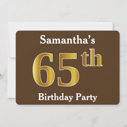 Brown Faux Gold 65th Birthday Party Custom Name Invitation