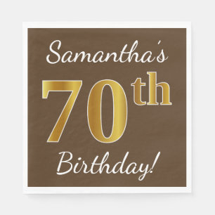 Brown, Faux Gold 70th Birthday + Custom Name Paper Napkins