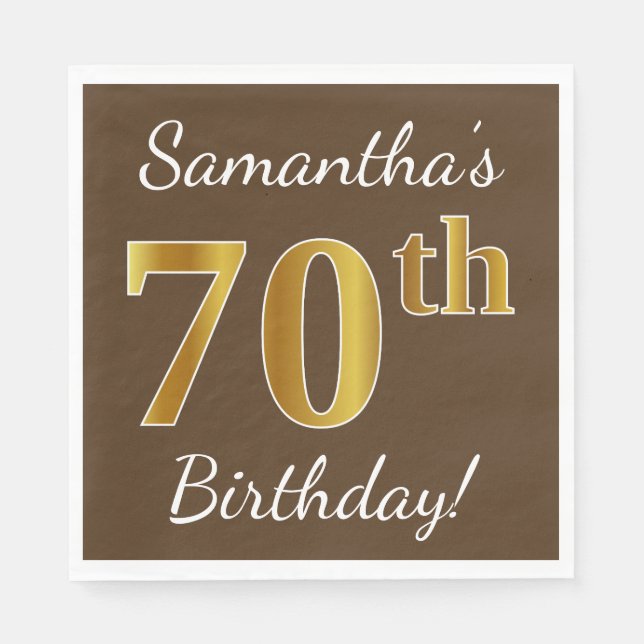 Brown, Faux Gold 70th Birthday + Custom Name Paper Napkins (Front)