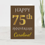[ Thumbnail: Brown, Faux Gold 75th Wedding Anniversary + Name Card ]