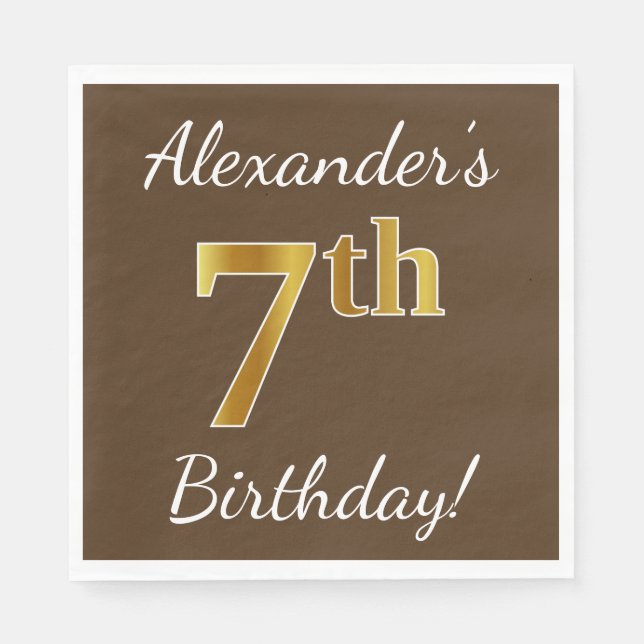 Brown, Faux Gold 7th Birthday + Custom Name Paper Napkins (Front)