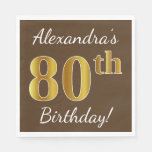 [ Thumbnail: Brown, Faux Gold 80th Birthday + Custom Name Napkin ]