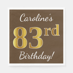 Brown, Faux Gold 83rd Birthday + Custom Name Paper Napkins