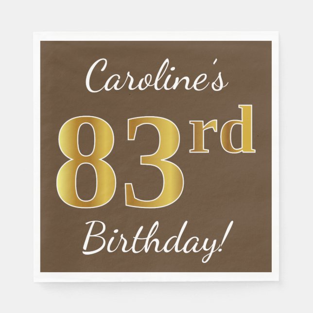 Brown, Faux Gold 83rd Birthday + Custom Name Paper Napkins (Front)