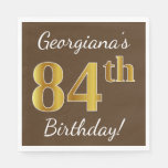 [ Thumbnail: Brown, Faux Gold 84th Birthday + Custom Name Napkins ]