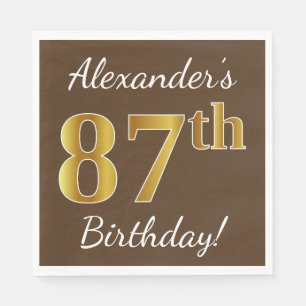 Brown, Faux Gold 87th Birthday + Custom Name Paper Napkins