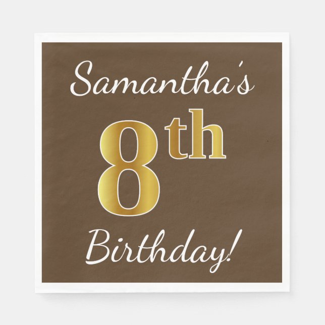 Brown, Faux Gold 8th Birthday + Custom Name Paper Napkins (Front)
