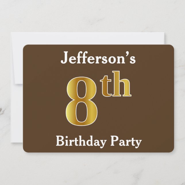 Brown, Faux Gold 8th Birthday Party; Custom Name Invitation (Front)