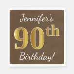 [ Thumbnail: Brown, Faux Gold 90th Birthday + Custom Name Napkins ]