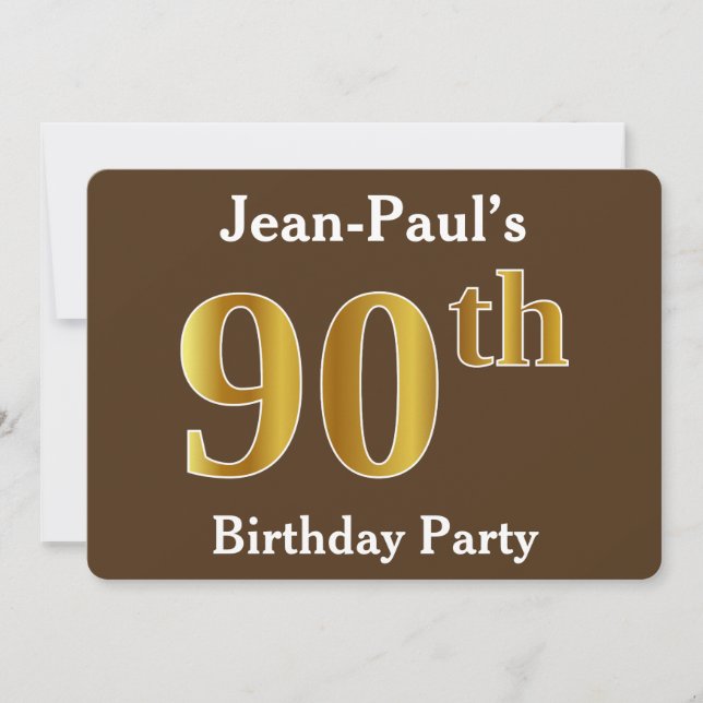 Brown, Faux Gold 90th Birthday Party; Custom Name Invitation (Front)