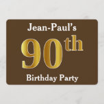 [ Thumbnail: Brown, Faux Gold 90th Birthday Party; Custom Name Invitation ]