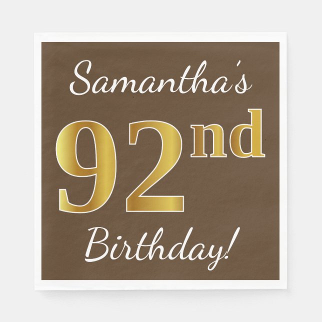Brown, Faux Gold 92nd Birthday + Custom Name Napkins (Front)