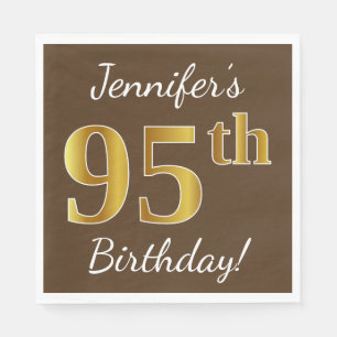Brown, Faux Gold 95th Birthday + Custom Name Paper Napkins