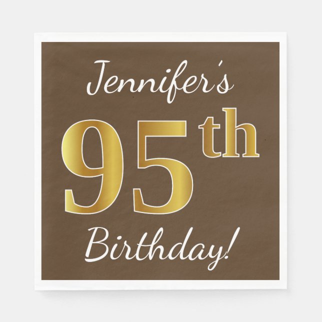Brown, Faux Gold 95th Birthday + Custom Name Paper Napkins (Front)