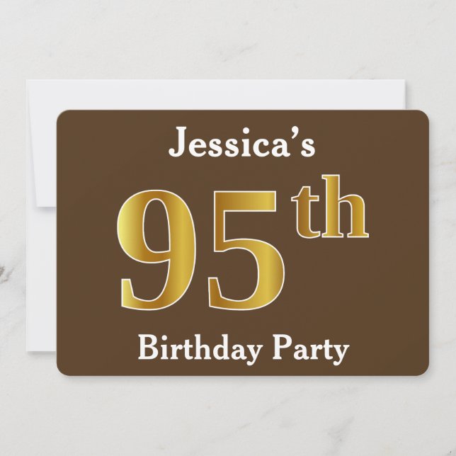 Brown, Faux Gold 95th Birthday Party; Custom Name Invitation (Front)