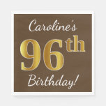 [ Thumbnail: Brown, Faux Gold 96th Birthday + Custom Name Napkins ]