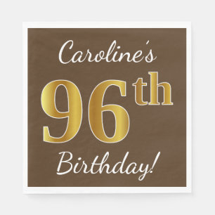 Brown, Faux Gold 96th Birthday + Custom Name Paper Napkins