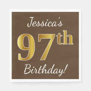 Brown, Faux Gold 97th Birthday + Custom Name Napkins