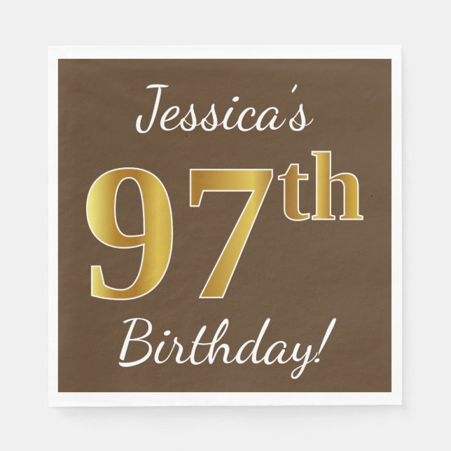 Brown, Faux Gold 97th Birthday + Custom Name Napkins (Front)