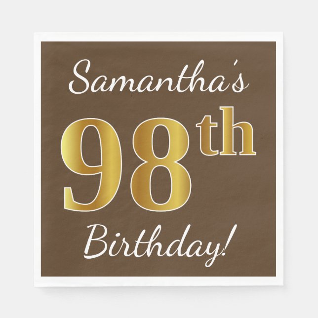 Brown, Faux Gold 98th Birthday + Custom Name Paper Napkins (Front)