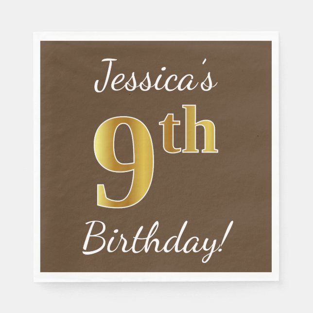 Brown, Faux Gold 9th Birthday + Custom Name Paper Napkins (Front)