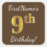 [ Thumbnail: Brown, Faux Gold 9th Birthday + Custom Name Sticker ]