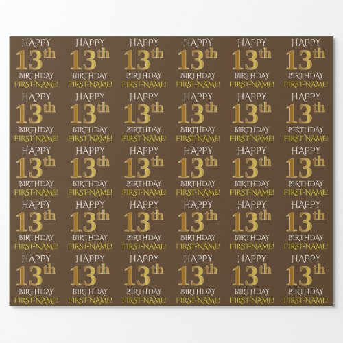 Brown Faux Gold HAPPY 13th BIRTHDAY Wrapping Paper