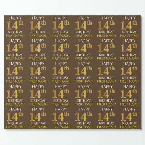 Brown Faux Gold HAPPY 14th BIRTHDAY Wrapping Paper