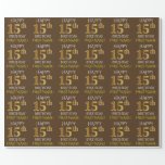 [ Thumbnail: Brown, Faux Gold "Happy 15th Birthday" Wrapping Paper ]