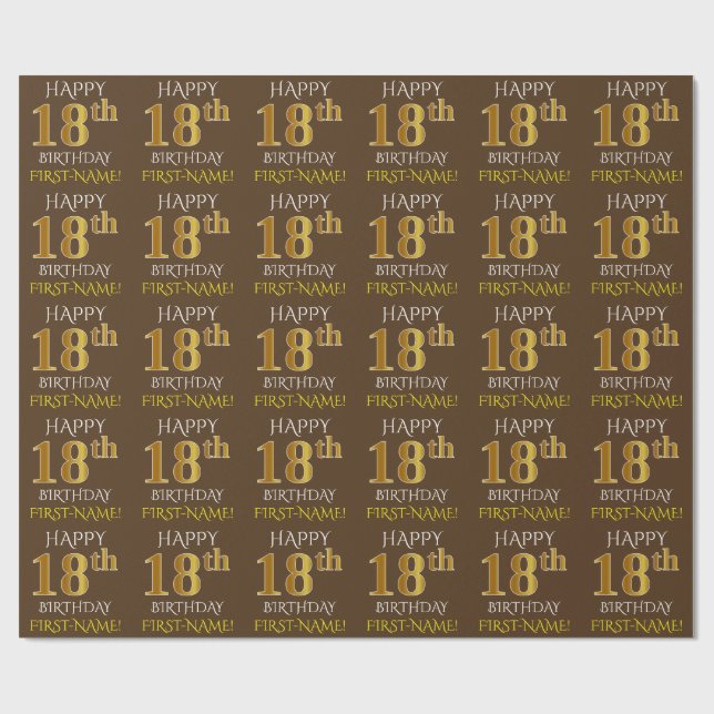 Brown, Faux Gold "HAPPY 18th BIRTHDAY" Wrapping Paper (Flat)