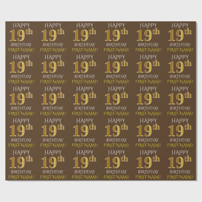 Brown, Faux Gold "HAPPY 19th BIRTHDAY" Wrapping Paper (Flat)