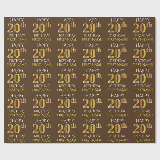 Brown, Faux Gold "HAPPY 20th BIRTHDAY" Wrapping Paper (Flat)