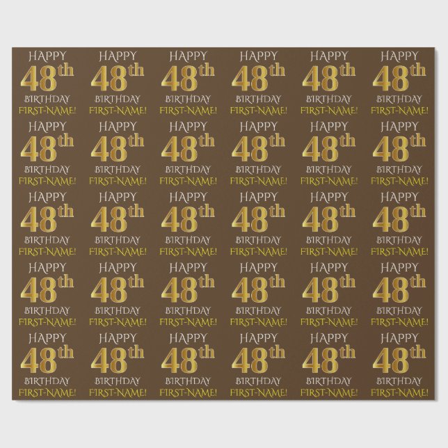 Brown, Faux Gold "HAPPY 48th BIRTHDAY" Wrapping Paper (Flat)