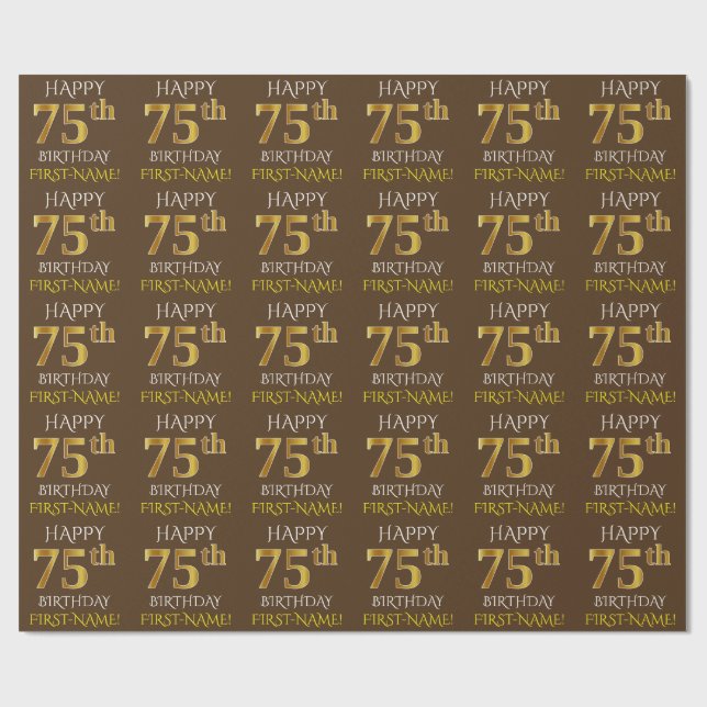 Brown, Faux Gold "HAPPY 75th BIRTHDAY" Wrapping Paper (Flat)