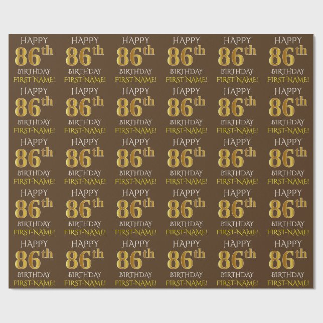 Brown, Faux Gold "HAPPY 86th BIRTHDAY" Wrapping Paper (Flat)