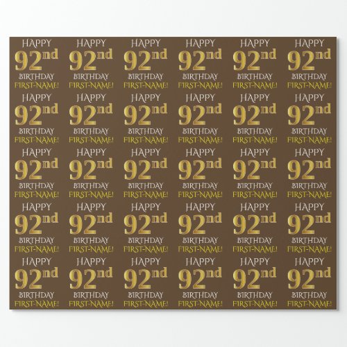 Brown Faux Gold HAPPY 92nd BIRTHDAY Wrapping Paper