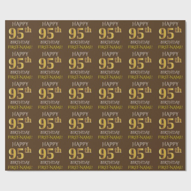 Brown, Faux Gold "HAPPY 95th BIRTHDAY" Wrapping Paper (Flat)