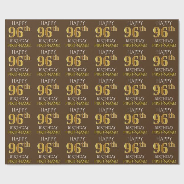 Brown, Faux Gold "HAPPY 96th BIRTHDAY" Wrapping Paper (Flat)