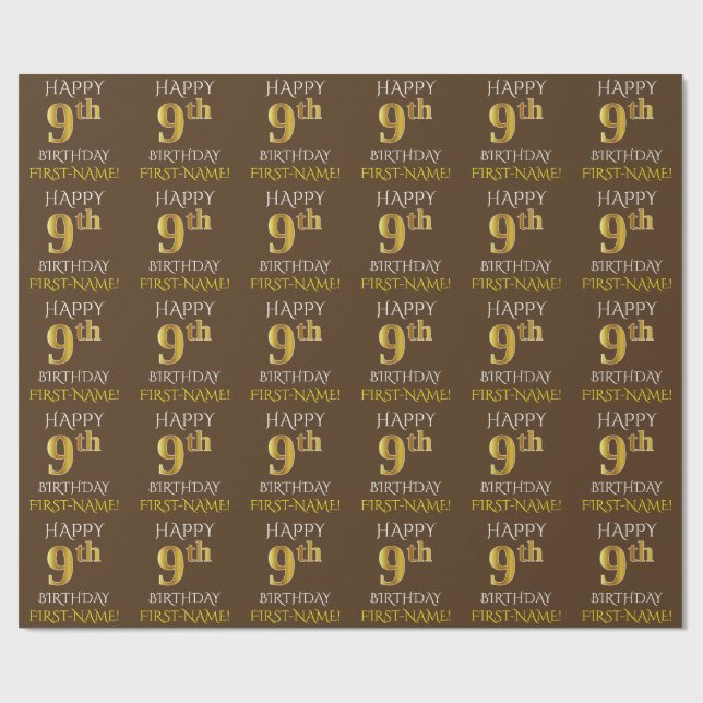 Brown, Faux Gold "HAPPY 9th BIRTHDAY" Wrapping Paper (Flat)