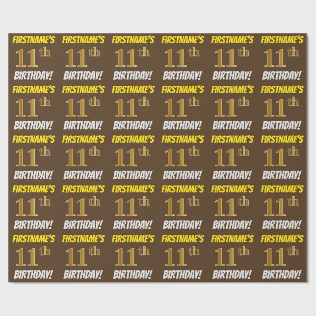 Brown, Faux/Imitation Gold, "11th BIRTHDAY" Wrapping Paper (Flat)