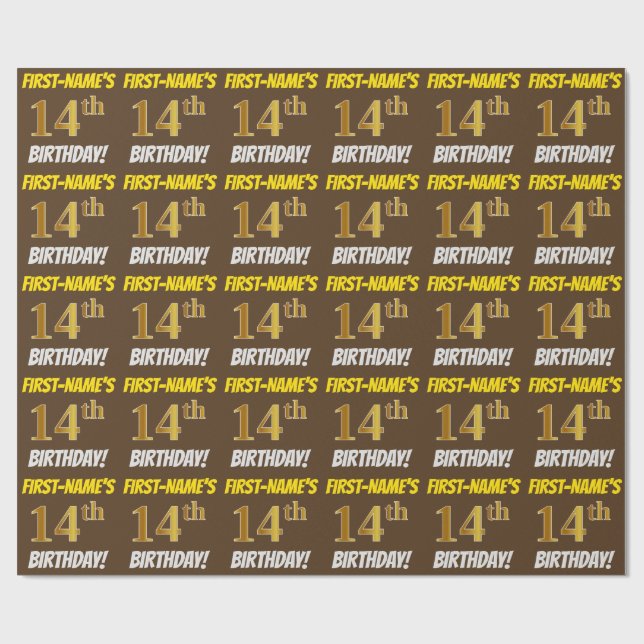 Brown, Faux/Imitation Gold, "14th BIRTHDAY" Wrapping Paper (Flat)