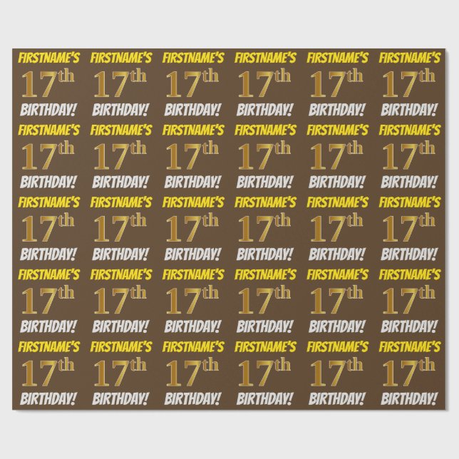 Brown, Faux/Imitation Gold, "17th BIRTHDAY" Wrapping Paper (Flat)