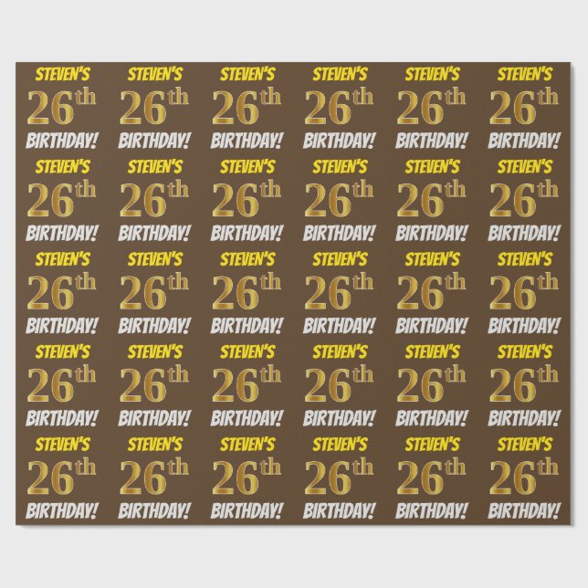 Brown, Faux/Imitation Gold, "26th BIRTHDAY" Wrapping Paper (Flat)