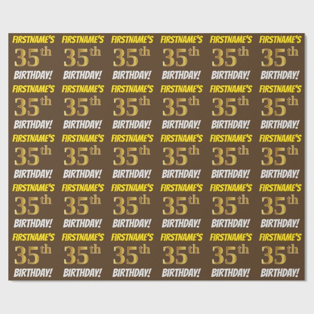 Brown, Faux/Imitation Gold, "35th BIRTHDAY" Wrapping Paper (Flat)